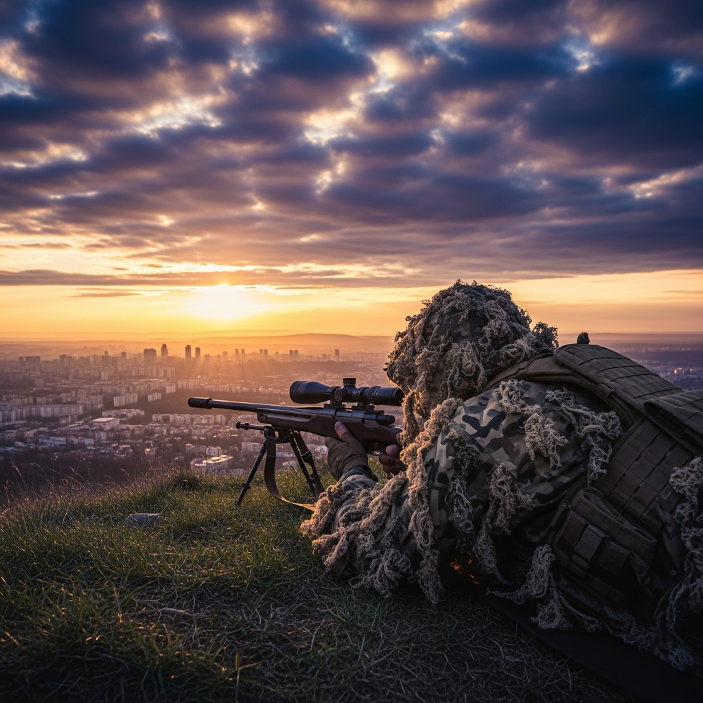 Spannungsgeladene Szene eines Solo-Scharfschützen in Ghillie-Tarnung, liegend auf einem Hügel mit Blick auf eine Stadt, Gewehr mit Zielfernrohr, dramatische Wolken und untergehende Sonne