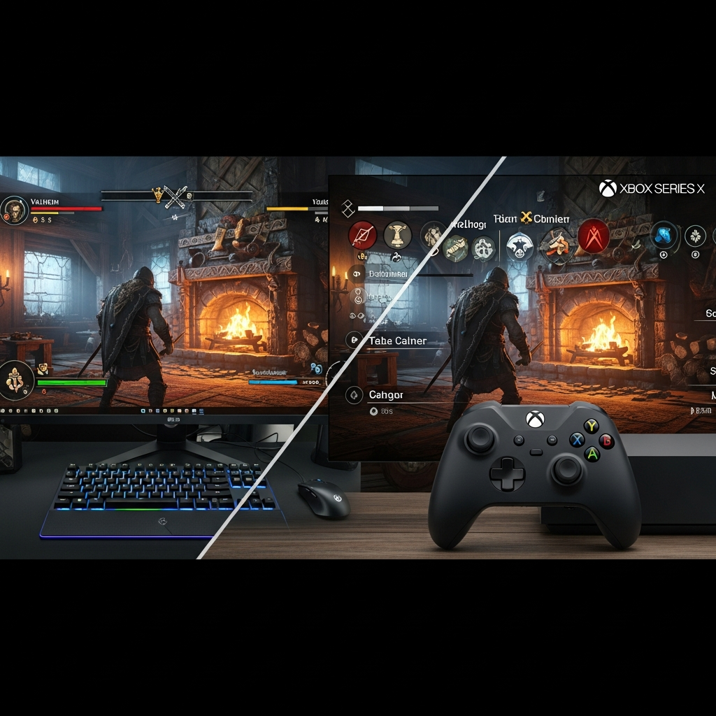 Split-screen comparison showing a Viking warrior on PC with mouse and keyboard setup on left side, and the same game scene on Xbox Series X with controller on right side, displaying Valheim's user interface on both platforms in a cozy Viking longhouse