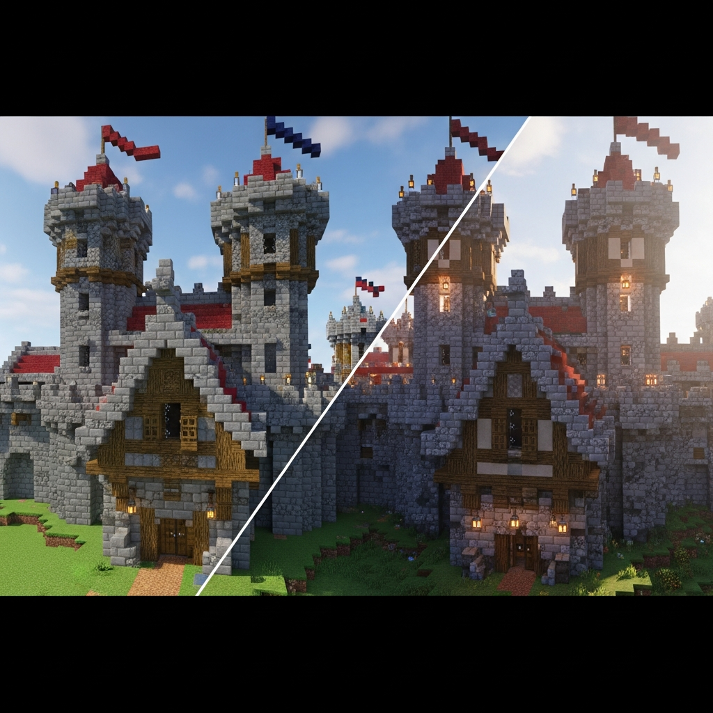 Split-screen comparison showing a detailed medieval castle build, left side using default Minecraft textures and right side using a 128x128 medieval resource pack with enhanced stone textures, wooden beams with grain detail, and atmospheric lighting