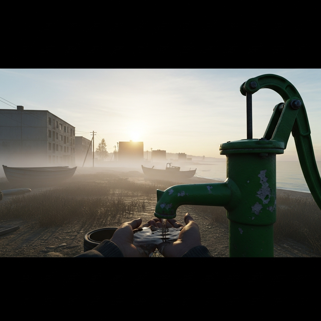 Superviviente en primera persona bebiendo de una bomba de agua manual de color verde en un pueblo costero de DayZ al amanecer, con edificios soviéticos de hormigón gris al fondo y niebla matutina, iluminación fotorrealista