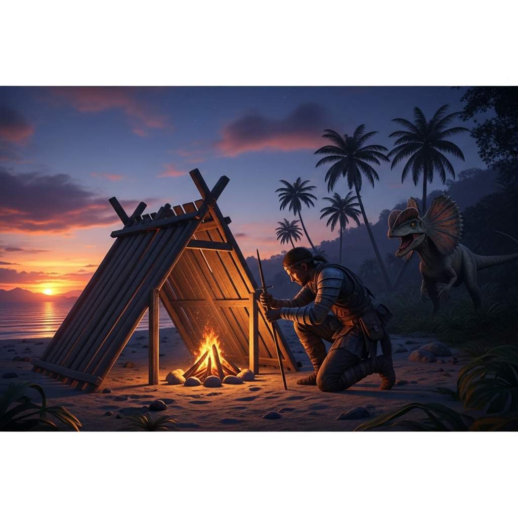 Survivant débutant en armure de tissu construisant un petit abri en bois 2x2 sur une plage tropicale au crépuscule, avec un feu de camp allumé à l'intérieur, des palmiers en arrière-plan et un Dilophosaur observant à distance, rendu Unreal Engine 5 photoréaliste