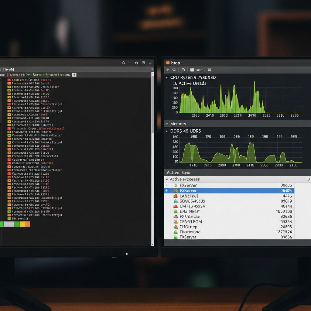 Terminal Linux SSH affichant la console FiveM en direct avec des logs colorés défilant rapidement, htop ouvert dans un split-screen montrant l'usage du Ryzen 9 7950X3D avec 16 threads actifs, RAM DDR5 et processus FXServer en surbrillance