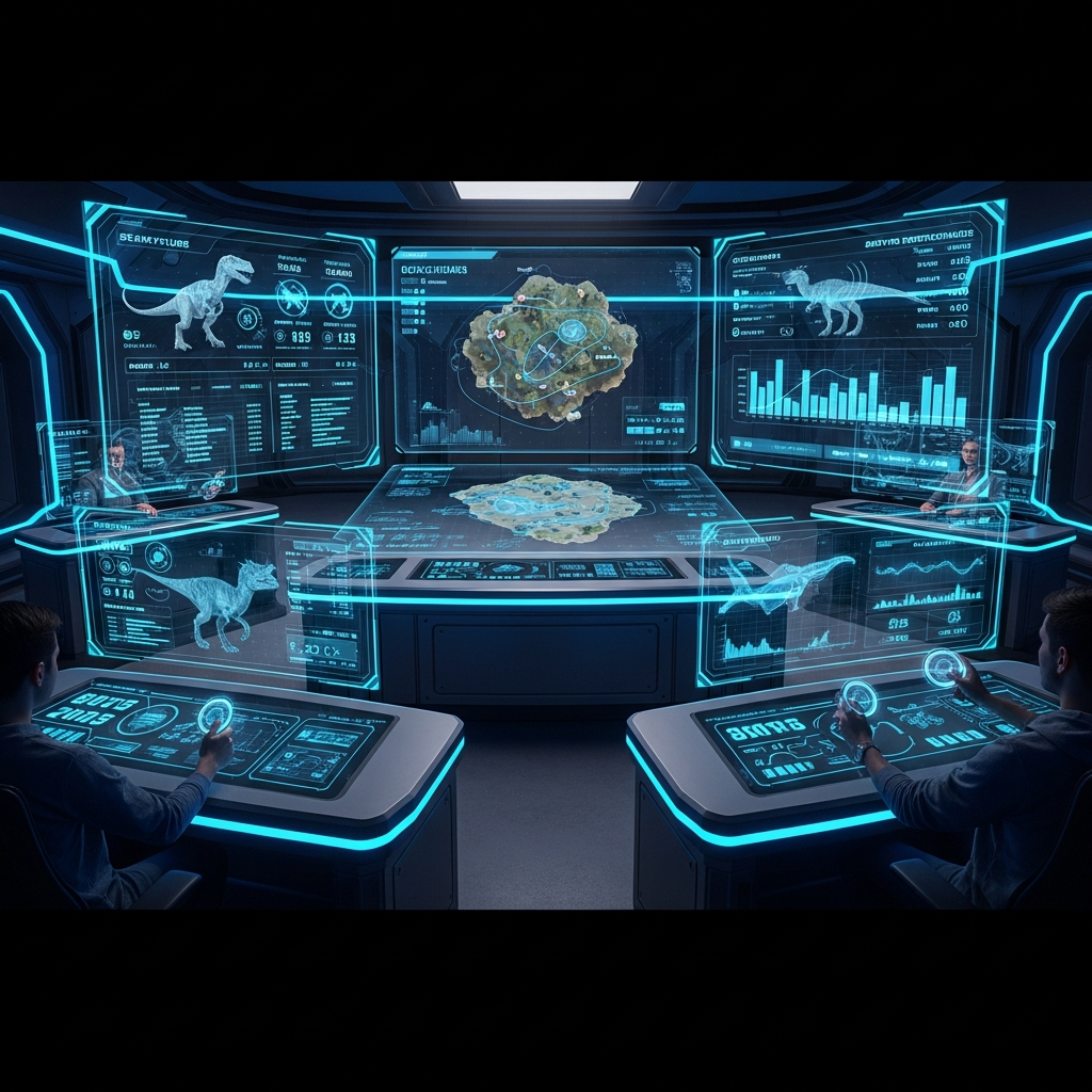 Un centre de commandement futuriste avec des écrans holographiques affichant des statistiques de créatures ARK, graphiques de performance serveur en temps réel, et une carte 3D interactive montrant des points de spawn de boss, éclairage bleu néon et interface utilisateur high-tech