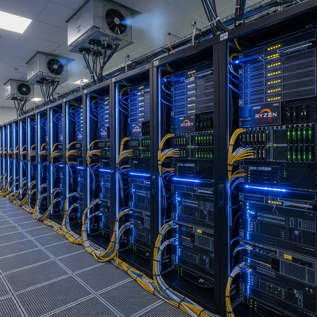 Un data center moderne avec des rangées de serveurs rackmount illuminés en bleu, montrant des processeurs AMD Ryzen et barrettes de RAM DDR5, dans une salle climatisée avec des câbles réseau organisés