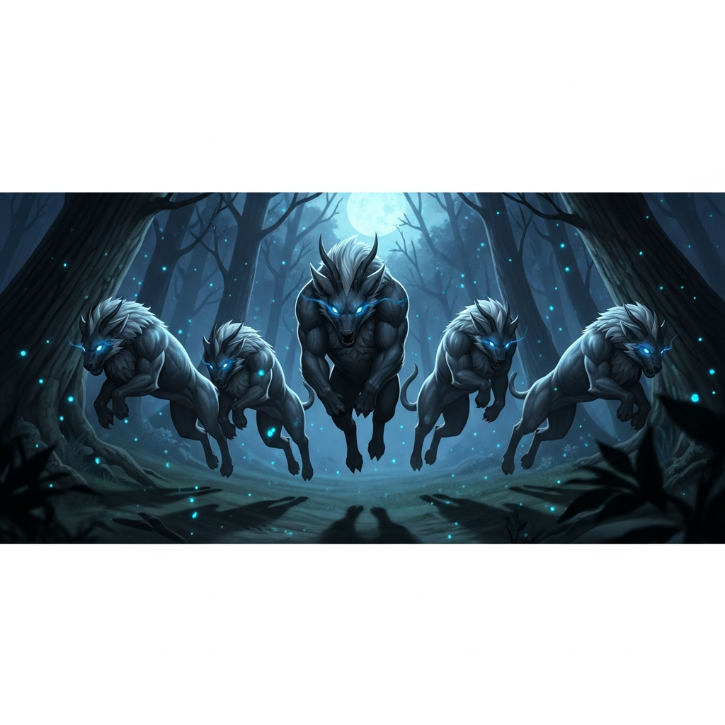 Une meute de cinq Shadowmanes argentés aux yeux luminescents bleus bondissant en formation synchronisée à travers une forêt nocturne baignée de lune, leurs silhouettes musclées projetant des ombres dramatiques sur les arbres anciens, particules lumineuses flottant dans l'air
