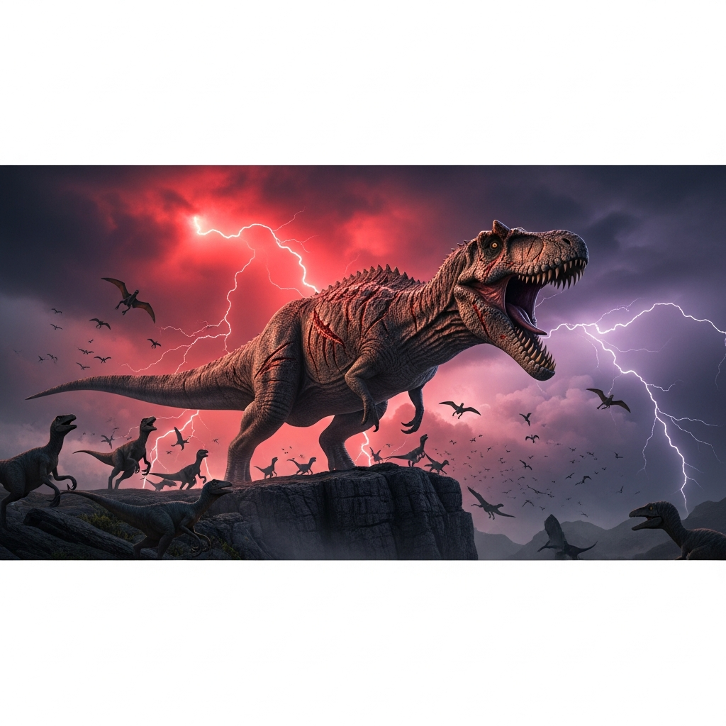 Un gigantesque Giganotosaurus alpha rugissant au sommet d'une falaise rocheuse sous un ciel orageux, son corps massif couvert de cicatrices, entouré de petits dinosaures terrifiés fuyant dans toutes les directions, éclairage dramatique rouge et violet