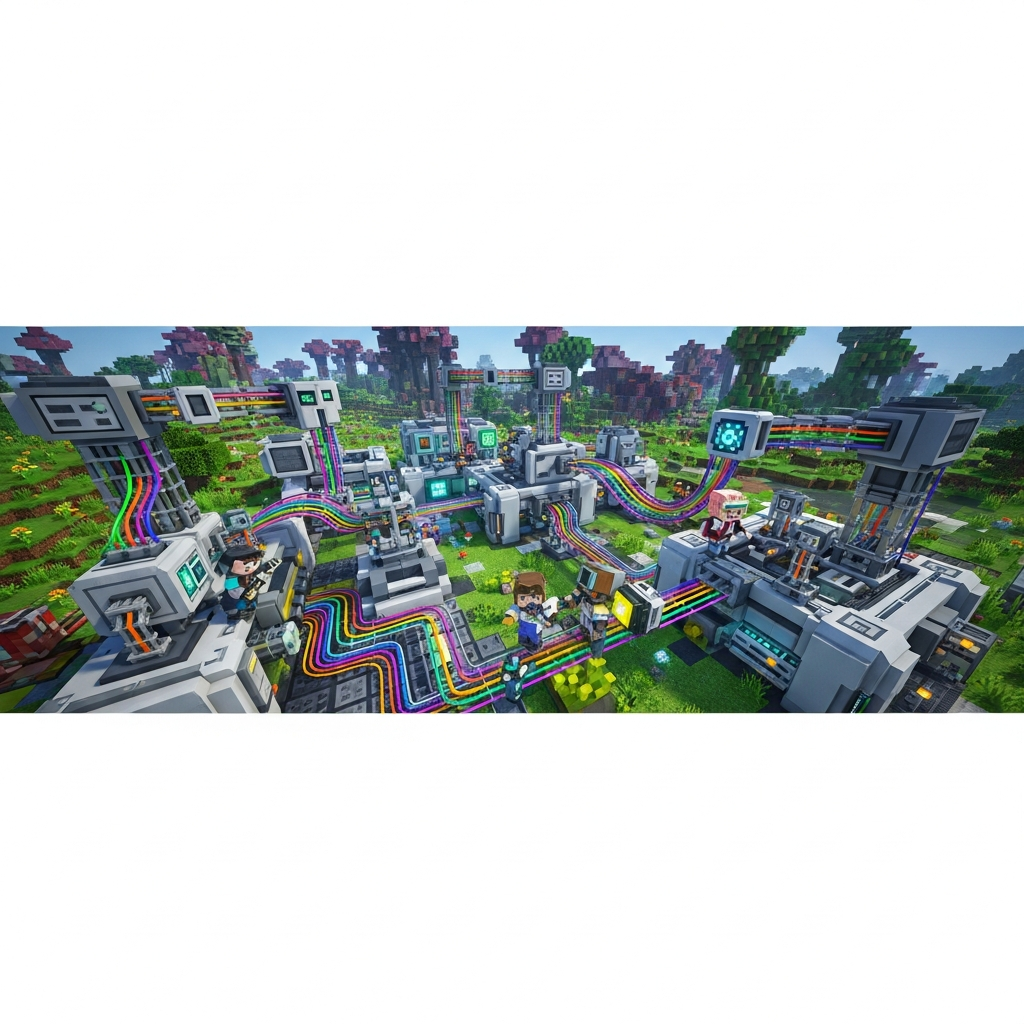 Un monde Minecraft moddé spectaculaire avec des machines automatisées Create en fonctionnement, des câbles Mekanism colorés, une base futuriste construite dans un biome custom Biomes O'Plenty, avec des joueurs collaborant sur des projets d'ingénierie