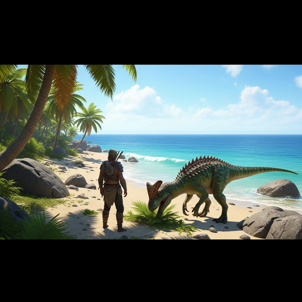 Un survivant débutant en armure de tissu se tenant à côté d'un Parasaur apprivoisé de couleur verte et brune, sur une plage tropicale ensoleillée d'ARK avec des palmiers et des rochers en arrière-plan, ambiance photoréaliste et lumineuse