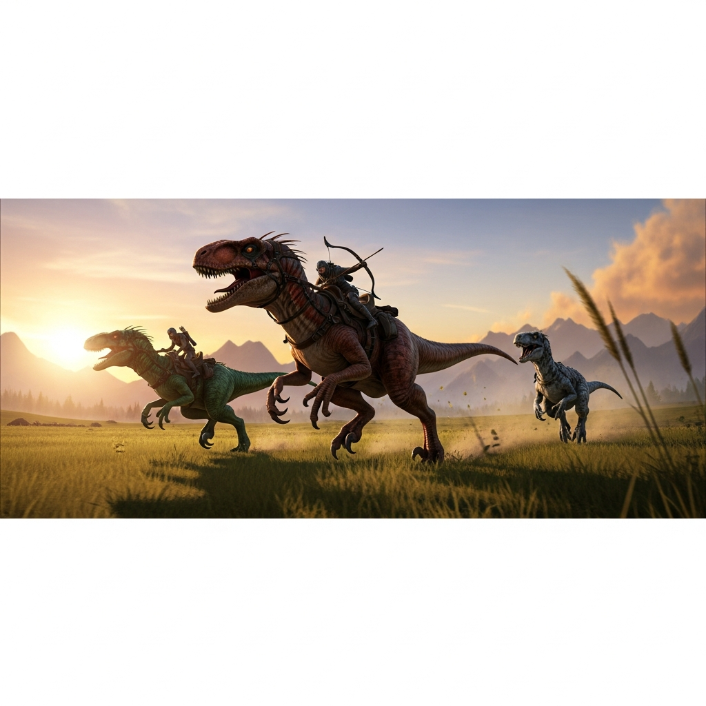 Un trio de Raptors apprivoisés aux couleurs variées (brun, vert foncé, gris) courant à pleine vitesse dans une plaine herbeuse d'ARK au coucher du soleil, avec un joueur équipé d'un arc monté sur le Raptor de tête, rendu photoréaliste et dynamique