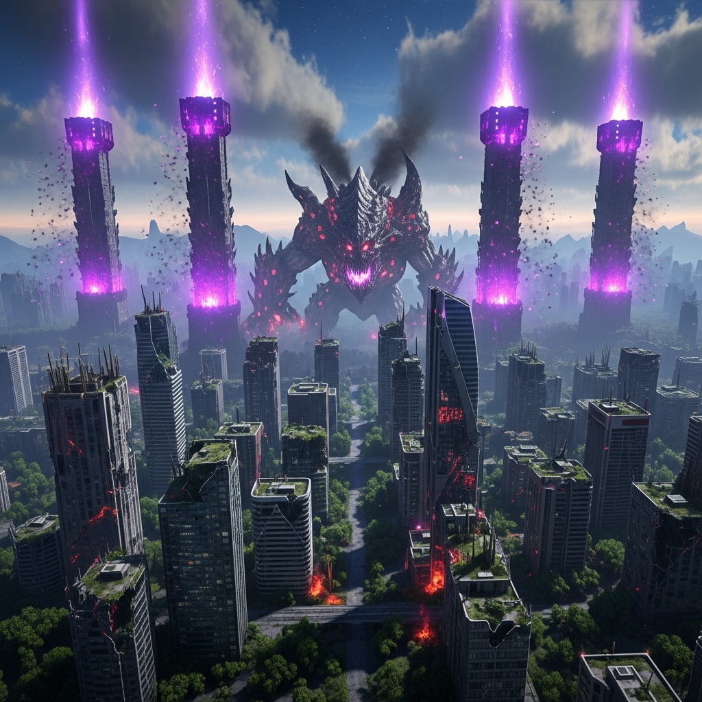 Vista aérea de un servidor ARK mostrando el bioma de Extinction con torres de corrupción iluminadas, ciudades en ruinas futuristas y un Titan emergiendo entre edificios derruidos, renderizado fotorrealista con efectos de partículas