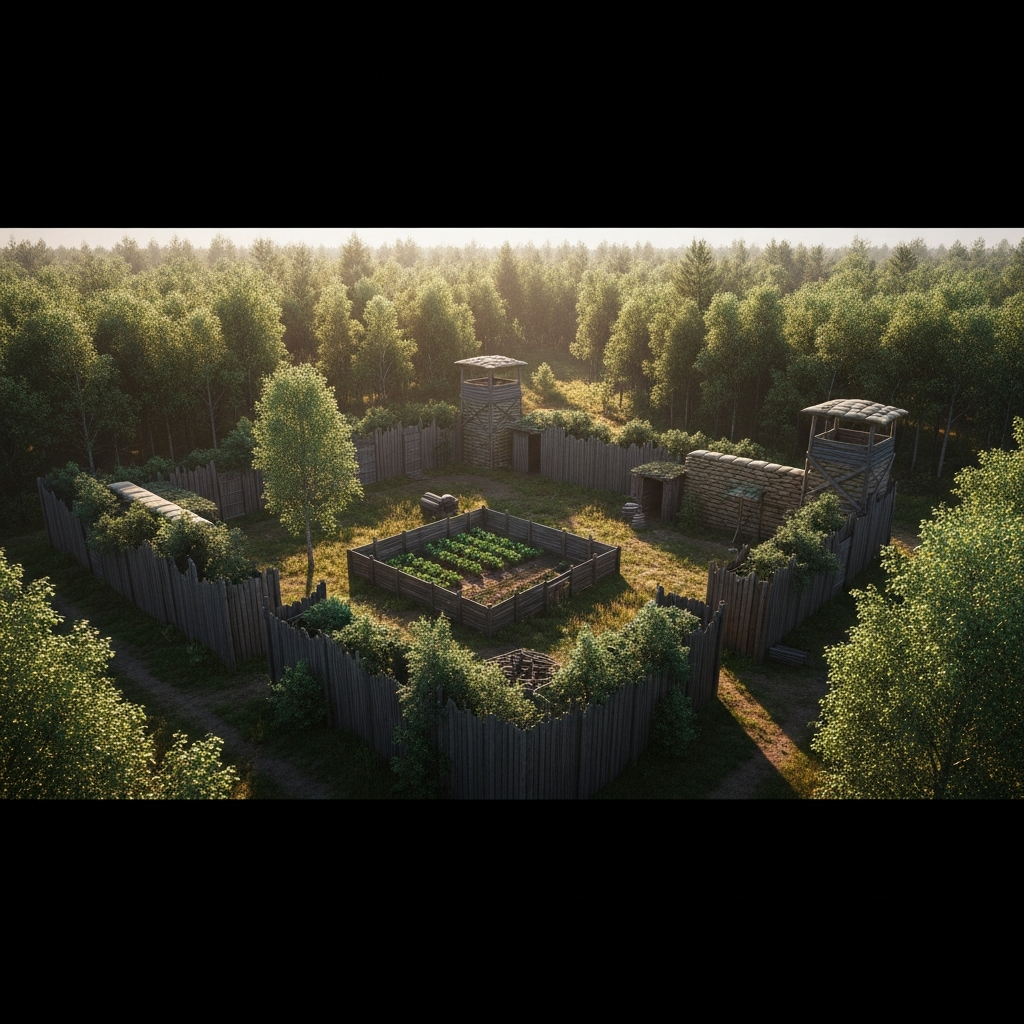 Vista aérea fotorrealista de una base oculta en un denso bosque de Chernarus, con vallas de madera camufladas entre árboles, torres de vigilancia improvisadas con sacos de arena y un pequeño huerto protegido, iluminada por la luz tenue del atardecer
