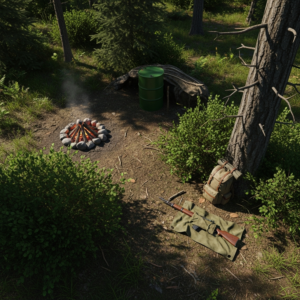 Vista aérea fotorrealista de un pequeño campamento temporal oculto en bosque denso de DayZ con fogata apagada, barril verde camuflado entre arbustos, mochila apoyada en árbol y rifle Mosin envuelto en lona, iluminación de mediodía filtrada por copas de árboles
