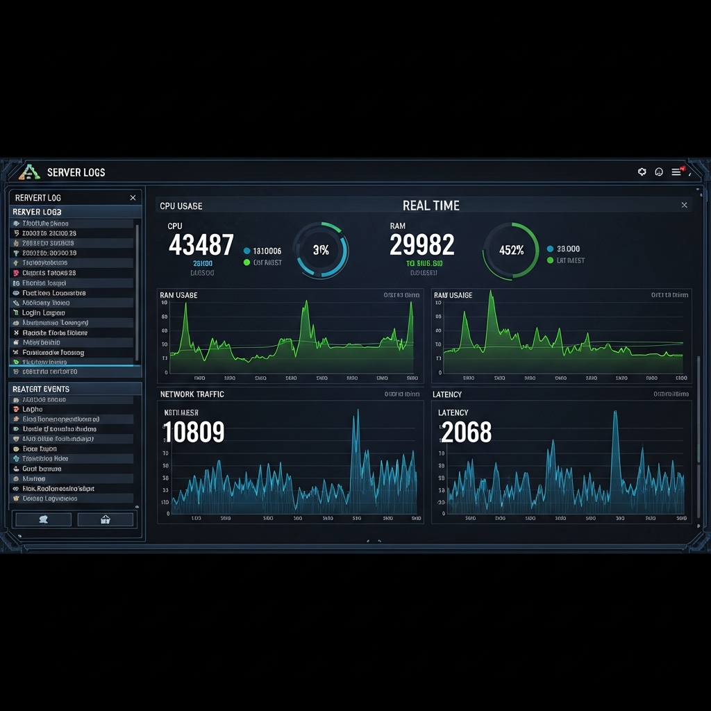 Vista de dashboard de monitoreo de servidor ARK Survival Ascended con gráficos en tiempo real de uso de CPU, RAM, tráfico de red y latencia, panel de logs recientes mostrando eventos de jugadores, diseño profesional con tema oscuro y elementos HUD futuristas en tonos azules y verdes