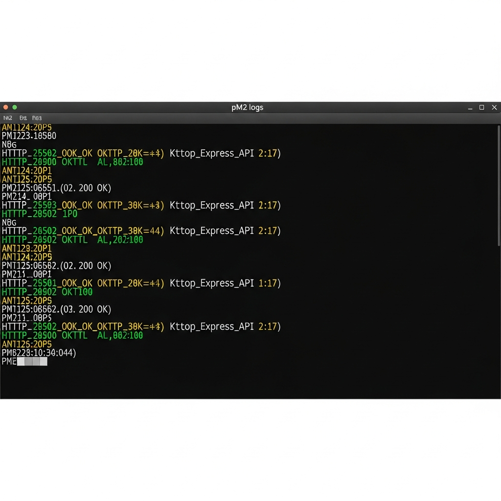 Vista de terminal mostrando logs en tiempo real de PM2 con 'pm2 logs', múltiples líneas de consola con timestamps, requests HTTP 200 OK de una API Express, colores verde (success) y amarillo (warnings), fondo negro estilo Terminator, reflejando actividad de producción en un VPS Linux