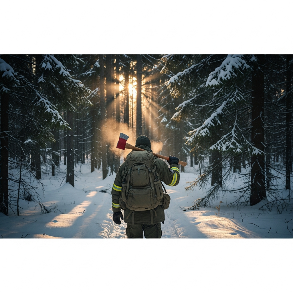 Vista en tercera persona de un superviviente solitario equipado con mochila grande de montaña, chaqueta Gorka verde militar, guantes tácticos y hacha de bombero en mano, caminando por un bosque de abetos nevados en DayZ al atardecer con rayos de sol entre árboles, renderizado fotorrealista