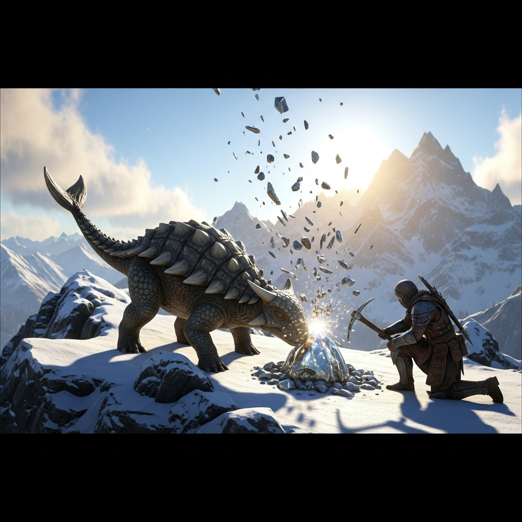 Vista fotorrealista de un Ankylosaurus domado golpeando una roca metálica brillante en una montaña nevada de ARK, con partículas de metal flotando y un jugador con armadura de cuero al lado recolectando recursos