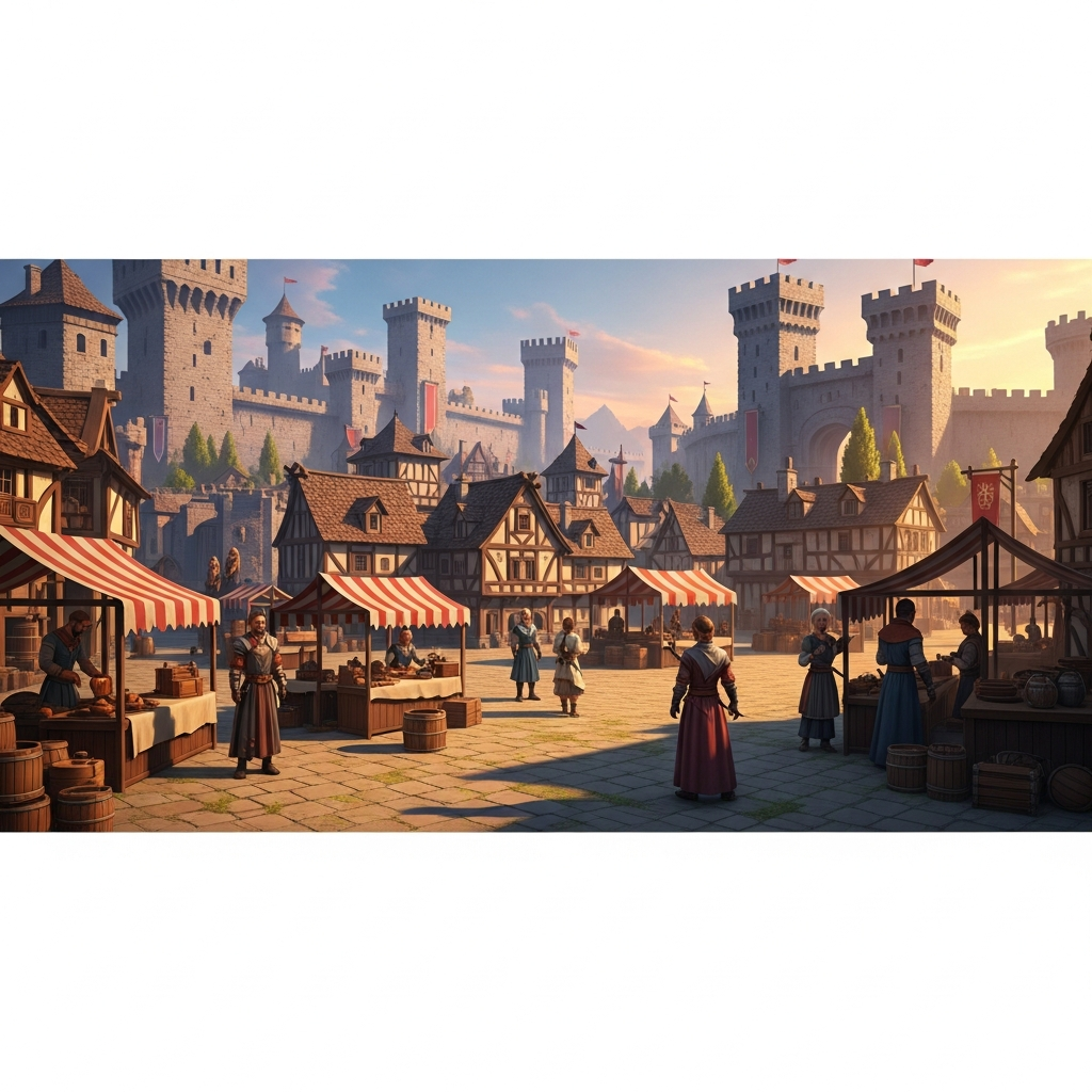 Vista fotorrealista de una ciudad medieval construida en Hytale con torres, murallas, mercado central, NPCs comerciantes, jugadores interactuando y efectos de iluminación dinámica al atardecer, renderizado con shaders de alta calidad
