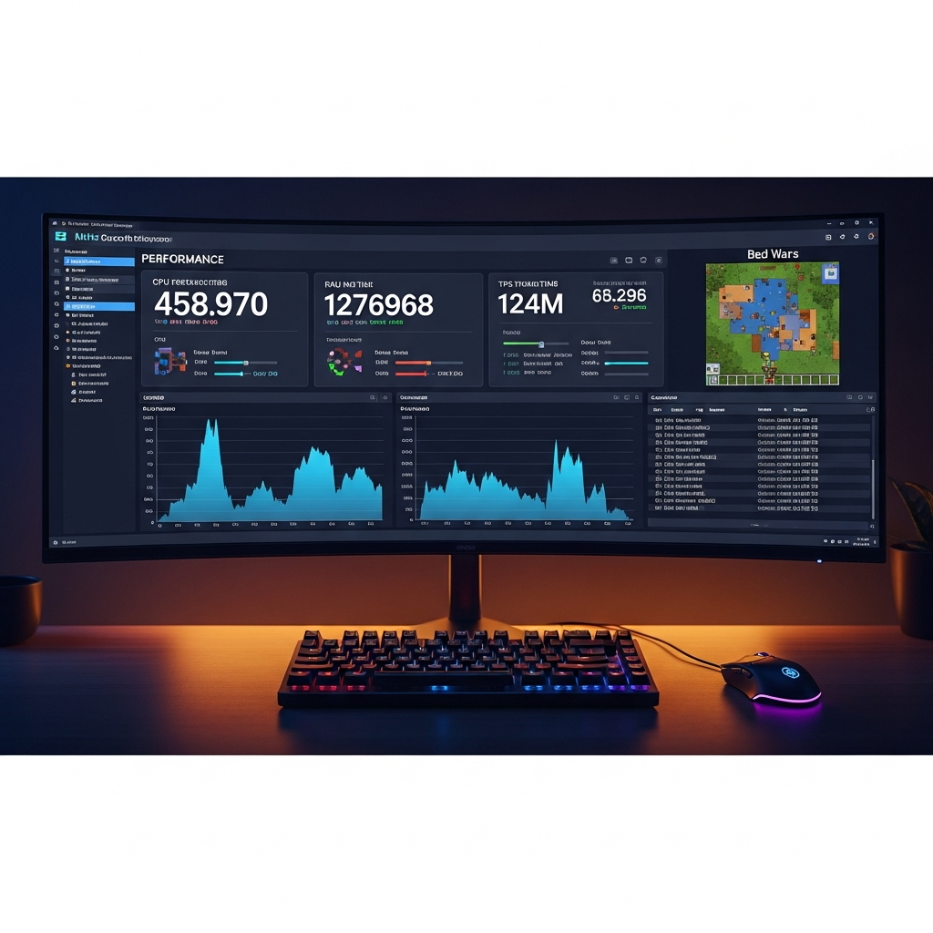 Vista fotorrealista de una interfaz de panel de administración de servidor Minecraft en monitor ultra-wide, mostrando gráficos en tiempo real de uso de CPU, RAM y TPS, consola de comandos con logs desplazándose, miniatura de mapa de Bed Wars en esquina superior, paleta de colores oscura con acentos azules neón, teclado mecánico RGB y mouse gaming en primer plano, iluminación ambiental cálida