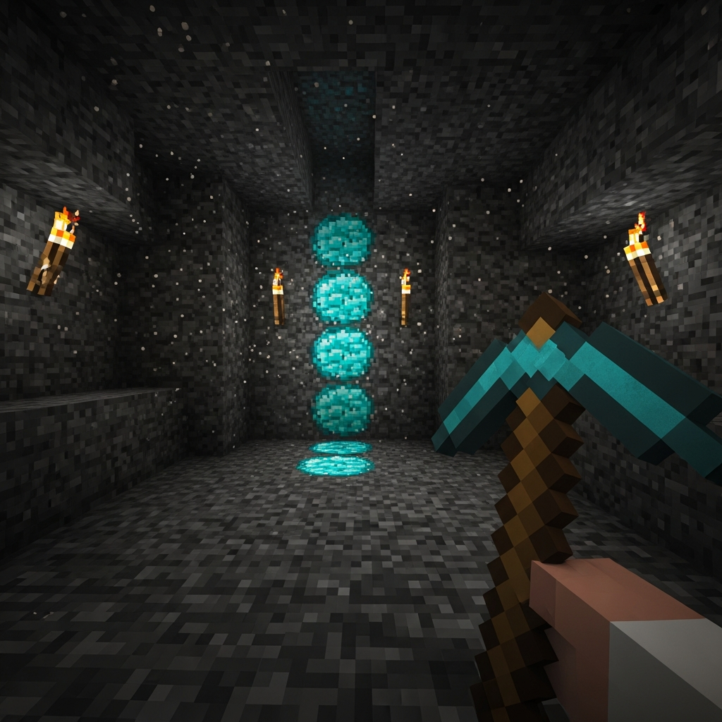 Vista realista de primera persona de un jugador de Minecraft sosteniendo un pico de hierro brillante frente a una veta de mineral de diamante incrustada en piedra oscura, con antorchas iluminando túneles excavados en las profundidades, detalles fotorrealistas de los bloques y partículas de polvo en el aire