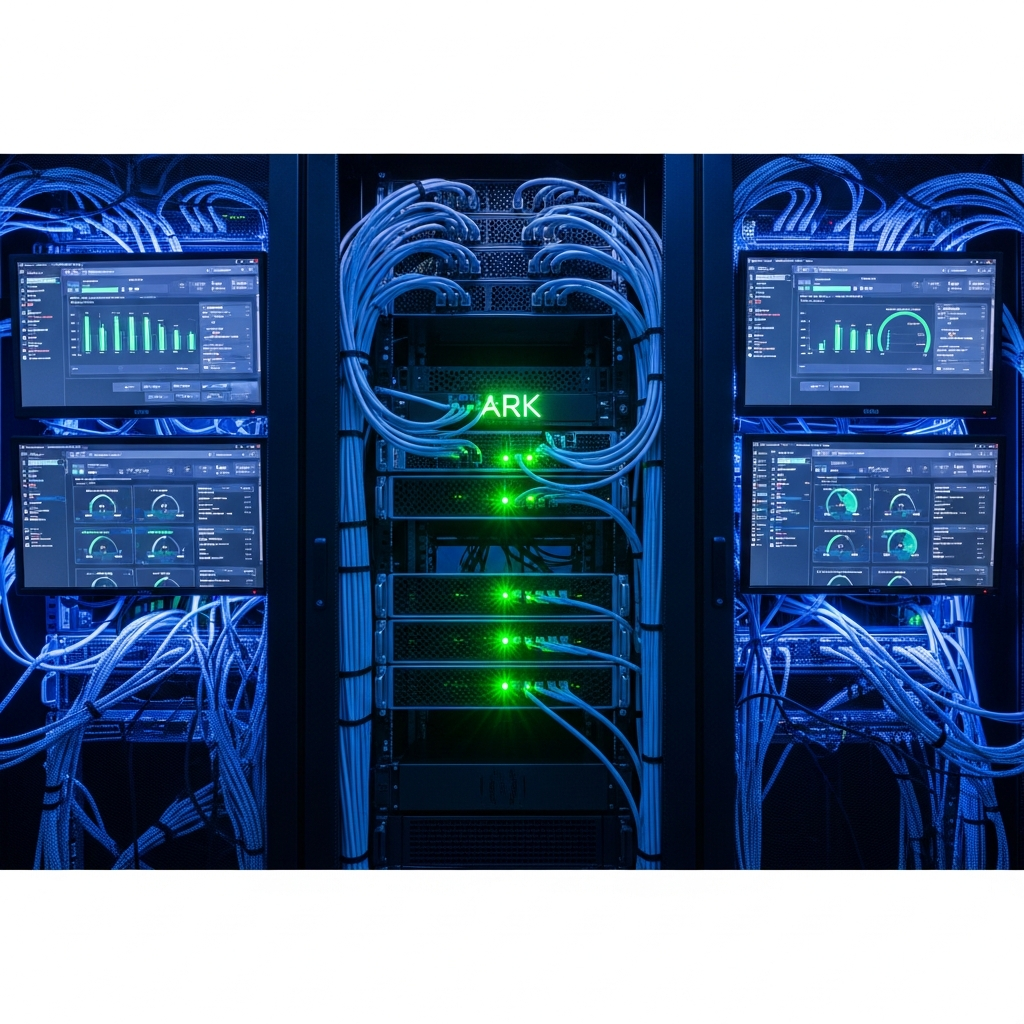 Visualización fotorrealista de un servidor rack montado en un datacenter, con luces LED verdes indicando actividad, cables de red organizados, pantallas mostrando dashboards de ARK con estadísticas de clúster, ambiente profesional con iluminación azul fría y profundidad de campo