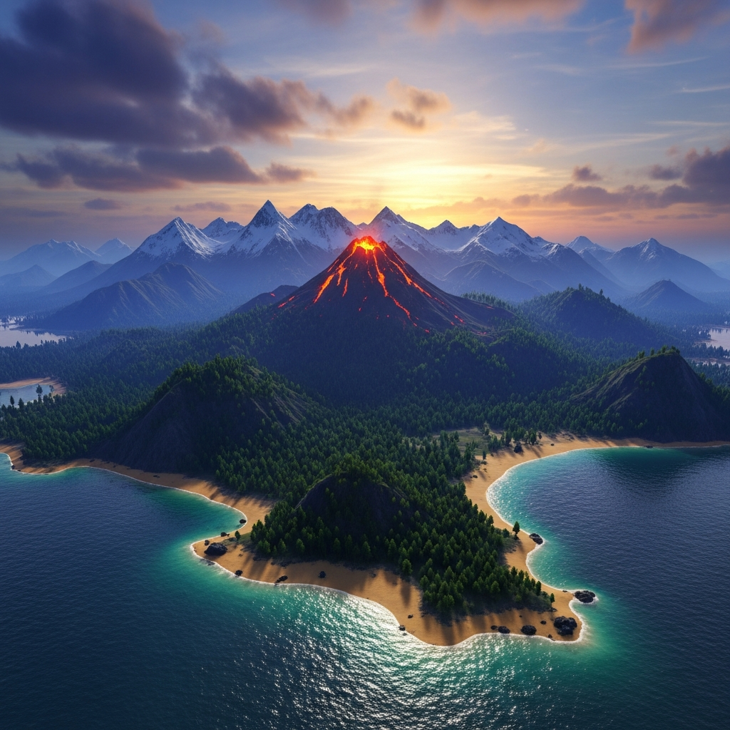 Vue aérienne panoramique de The Island dans ARK Survival Ascended, montrant le volcan actif au centre entouré de forêts denses, plages dorées et montagnes enneigées sous un ciel crépusculaire, rendu photoréaliste Unreal Engine 5 avec reflets d'eau détaillés