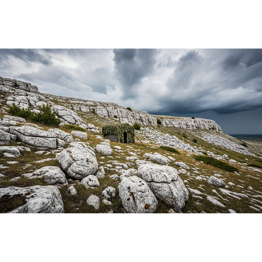 Vue en contre-plongée photoréaliste d'un plateau rocheux escarpé dans Chernarus avec une petite structure en bois camouflée parmi les rochers, ciel nuageux dramatique, végétation rase typique des zones d'altitude, pierres calcaires blanchâtres