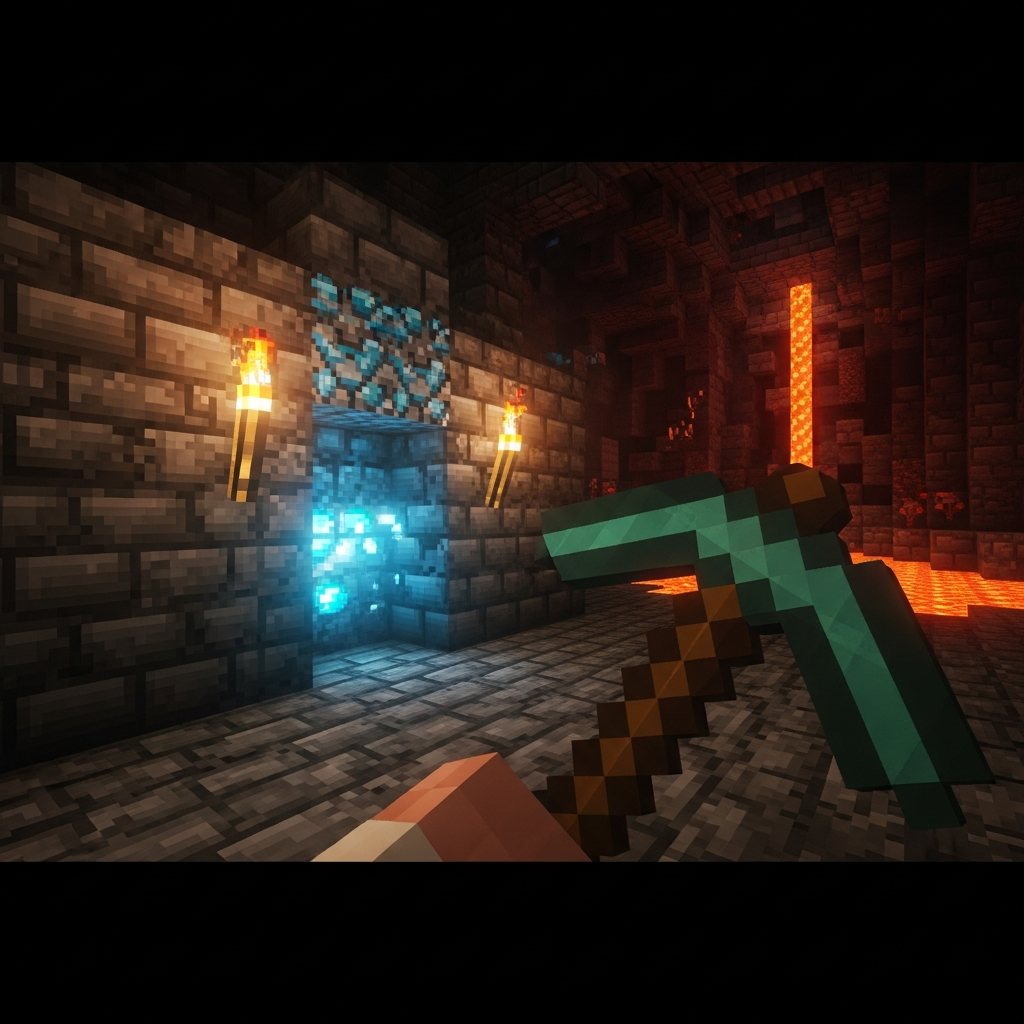 Vue en première personne d'un joueur Minecraft tenant une pioche en fer devant une veine de minerai de diamant partiellement exposée, éclairée par des torches murales, dans une caverne souterraine sombre avec des blocs de pierre et de la lave visible au loin