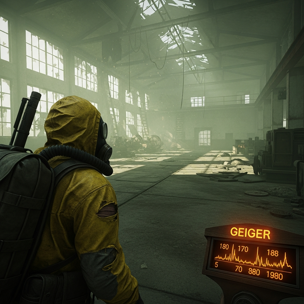 Vue immersive en première personne d'un joueur DayZ portant un masque à gaz et une combinaison NBC jaune déchirée, explorant les ruines brumeuses d'une usine abandonnée avec un compteur Geiger visible sur l'interface affichant des niveaux de radiation élevés en orange