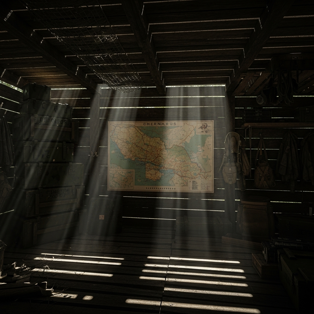 Vue intérieure photoréaliste d'une petite base secrète en bois dans une forêt de Chernarus, lumière filtrée par les planches, coffres militaires empilés, carte de Chernarus accrochée au mur, ambiance sombre et discrète, équipement de survie suspendu