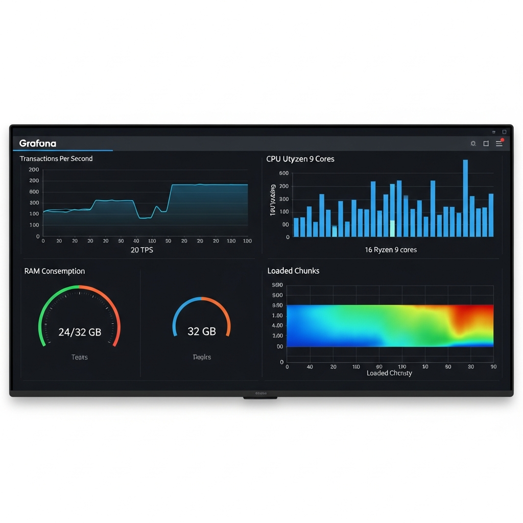 Vue photoréaliste d'un dashboard Grafana sur un écran large, affichant quatre graphiques en temps réel : courbe TPS stable à 20, graphique à barres de l'utilisation CPU des 16 cœurs Ryzen 9, jauge de RAM consommée (24/32 Go), et carte thermique des chunks chargés, fond noir avec accents bleus et verts