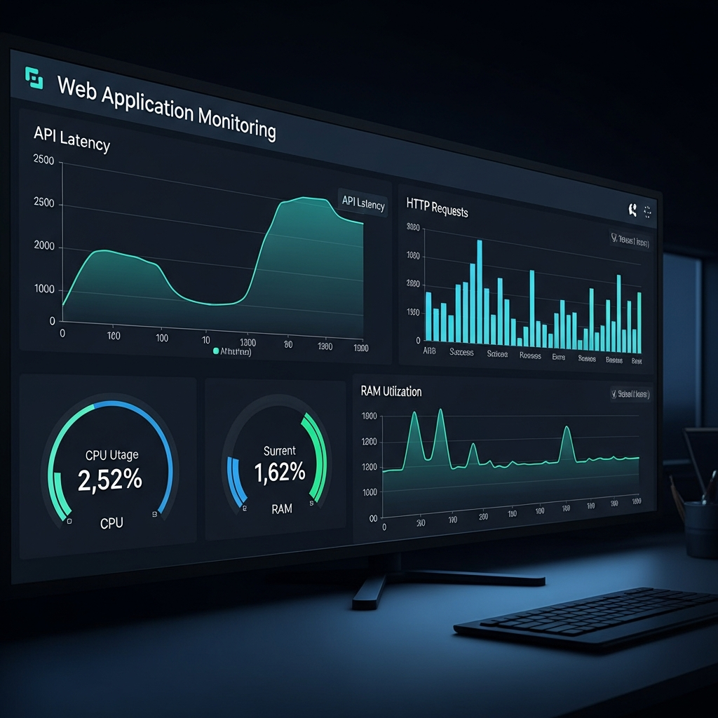 Vue photoréaliste d'un dashboard de monitoring d'application web avec métriques de performance en temps réel, graphiques de latence API, statistiques de requêtes HTTP, utilisation CPU et RAM sur fond sombre professionnel