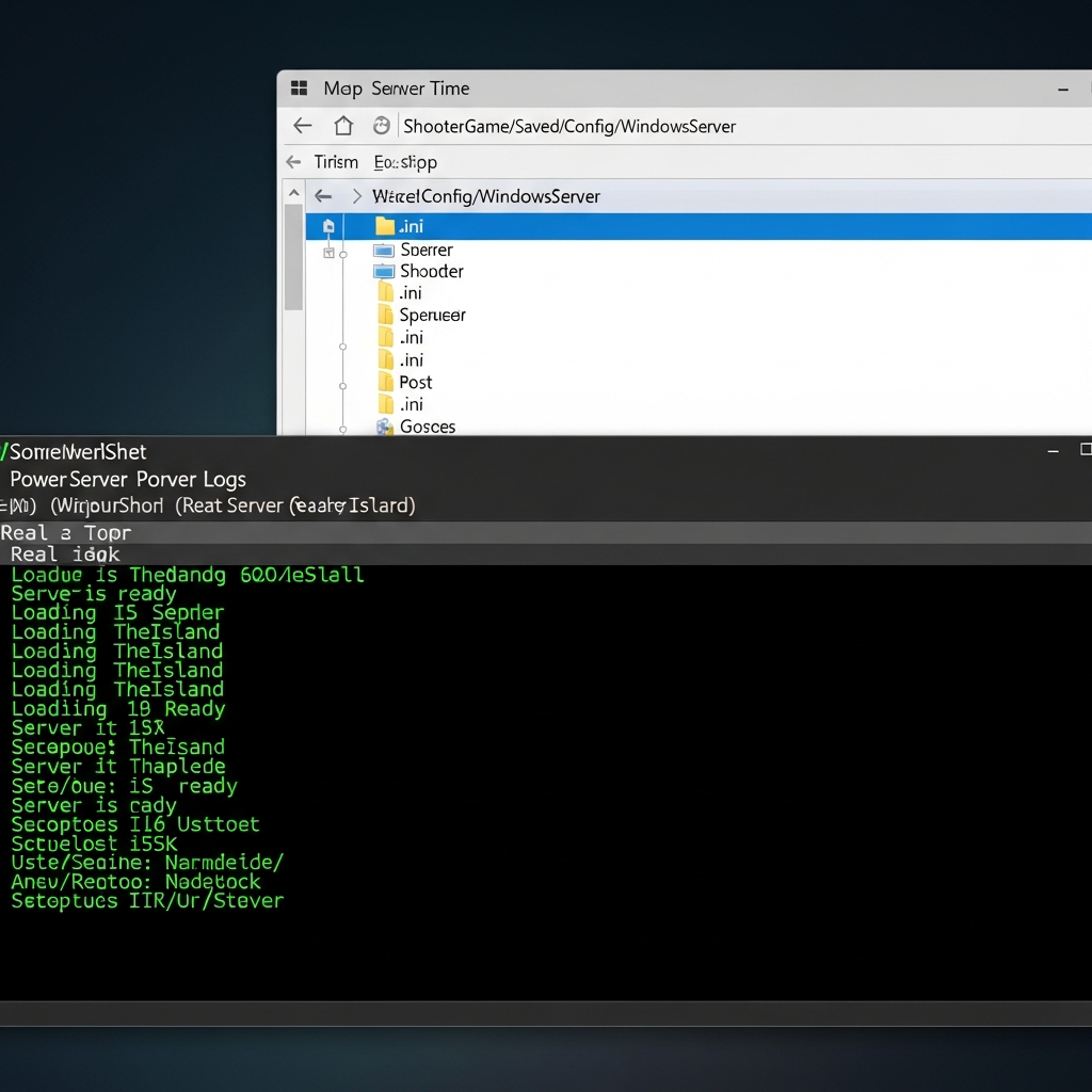 Vue photoréaliste d'une console PowerShell Windows Server affichant les logs en temps réel d'un serveur ARK Survival Ascended en cours de démarrage, avec des lignes de texte défilant montrant "Loading TheIsland", "Server is ready", fond noir avec texte vert phosphorescent, fenêtre de l'explorateur Windows ouverte en arrière-plan montrant les fichiers .ini dans ShooterGame/Saved/Config/WindowsServer
