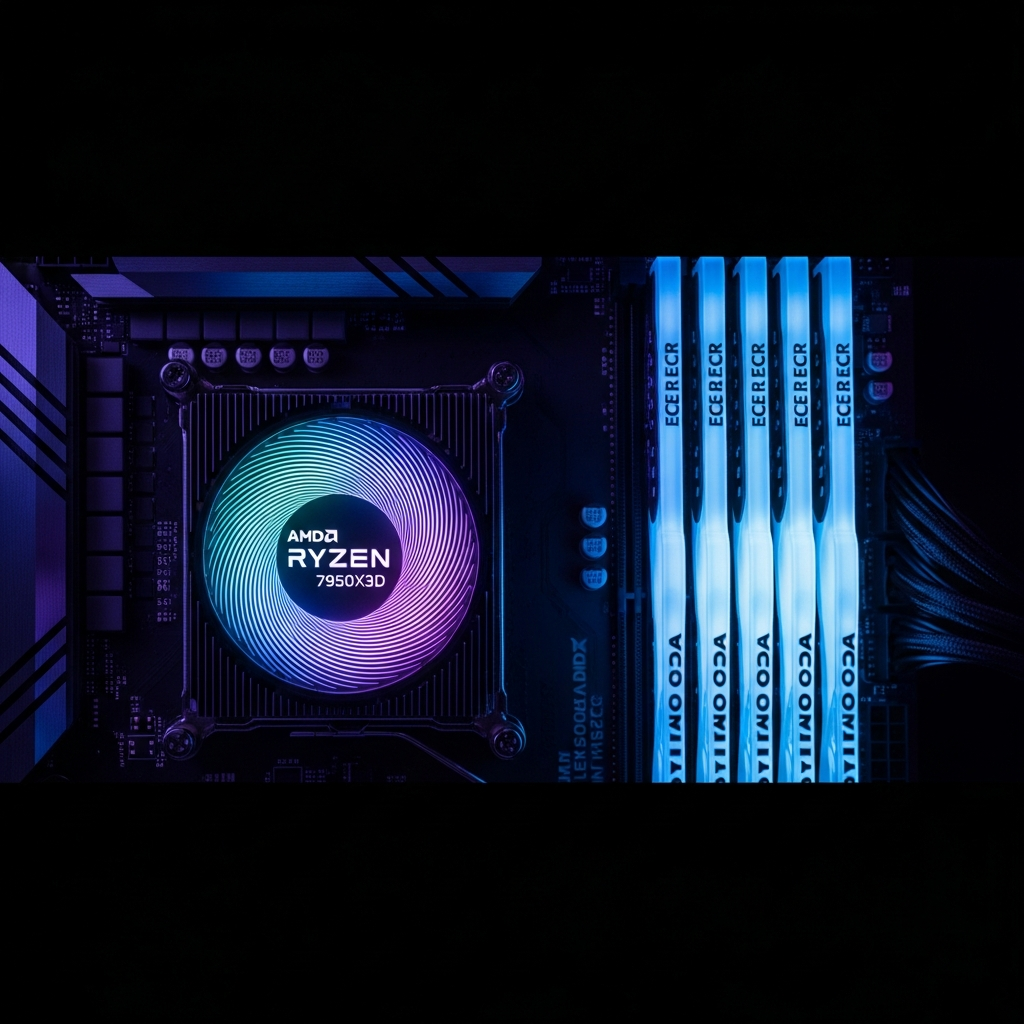 Vue rapprochée d'un processeur AMD Ryzen 9 7950X3D monté sur une carte mère haut de gamme, avec dissipateur thermique RGB actif, barrettes de RAM DDR5 ECC alignées en arrière-plan et éclairage tamisé bleu-violet sur fond noir mat