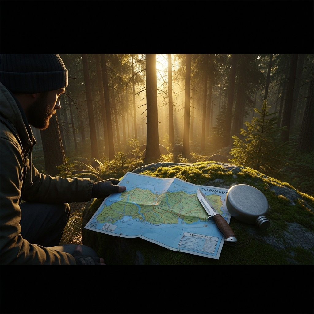 Vue subjective d'un survivant solitaire accroupi dans une forêt dense de conifères à l'aube, consultant une carte détaillée de Chernarus posée sur un rocher moussu, avec un couteau de chasse et une gourde métallique à ses côtés, lumière dorée filtrant à travers les branches