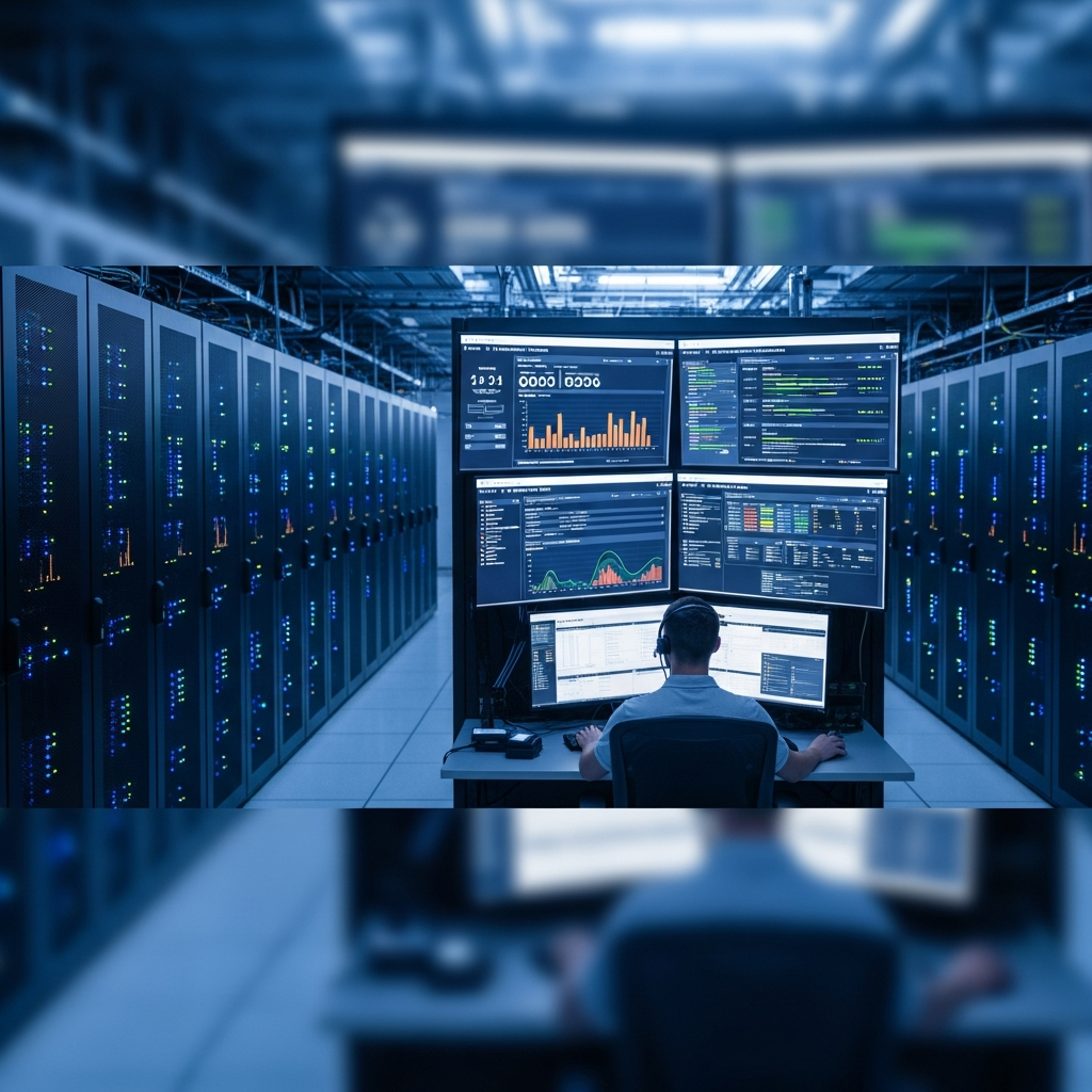Wide-angle photorealistic data center aisle with rows of black server racks, glowing blue LED indicators, and a technician wearing a headset monitoring multiple screens displaying Docker container metrics and Pterodactyl dashboards, cool industrial lighting, shallow depth of field