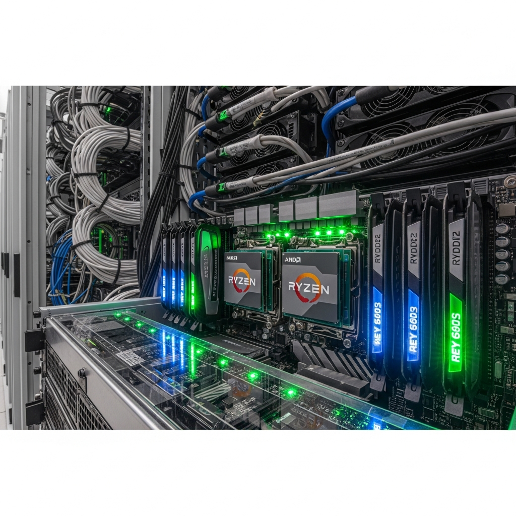 Wide-angle photorealistic shot of a modern data center server rack with glowing green and blue LED indicators, close-up of AMD Ryzen processors and DDR5 RAM modules visible through transparent server panel, clean cable management and cooling systems in background