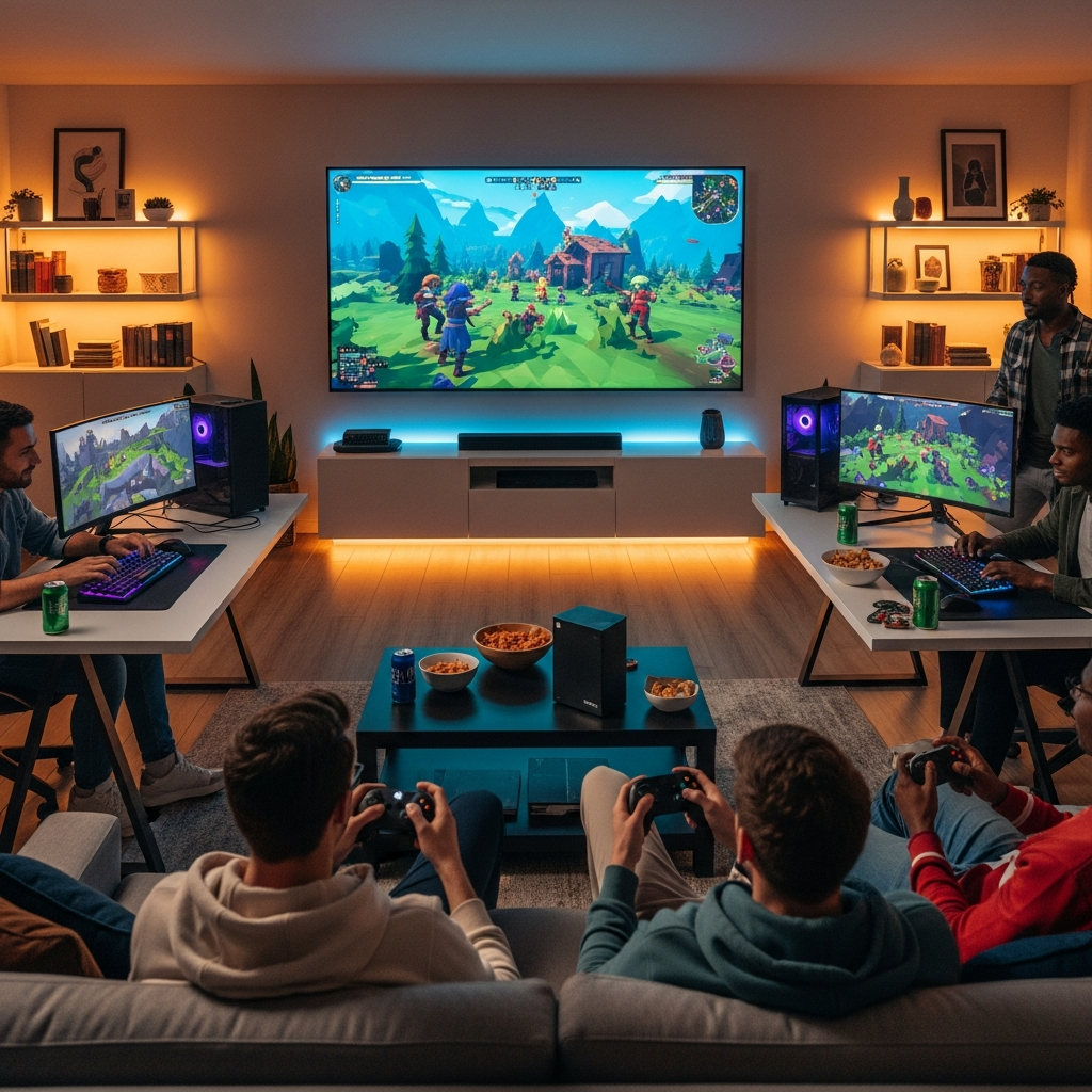 Wide-angle view of a diverse group of gamers in a modern living room, some using gaming PCs with mechanical keyboards, others on Xbox Series X consoles, all playing Valheim together via cloud gaming on a large TV screen, showing collaboration and friendship despite different platforms