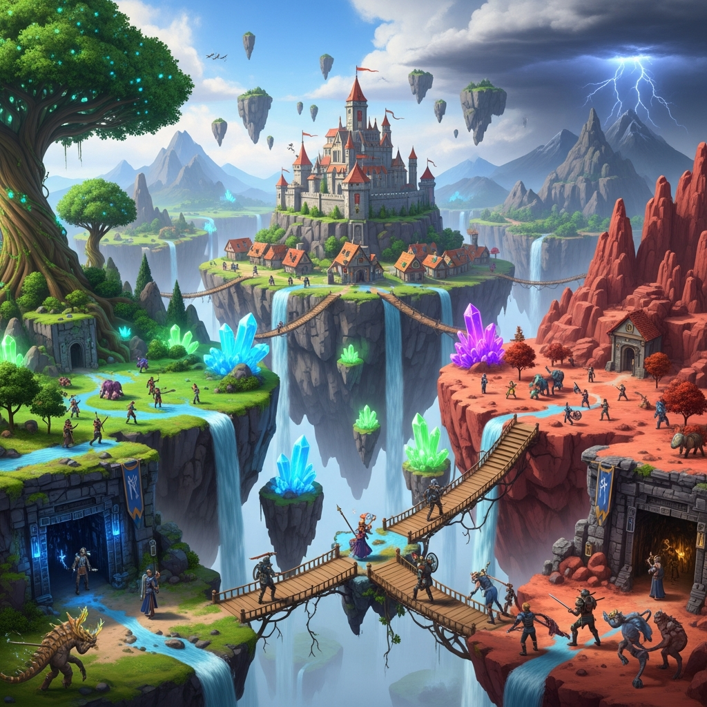 a vibrant fantasy landscape in Hytale showcasing diverse biomes, floating islands, medieval castles, colorful block textures, glowing crystals, dynamic weather effects, and adventurers exploring procedurally generated dungeons, photorealistic lighting, Unreal Engine style rendering, 8K resolution
