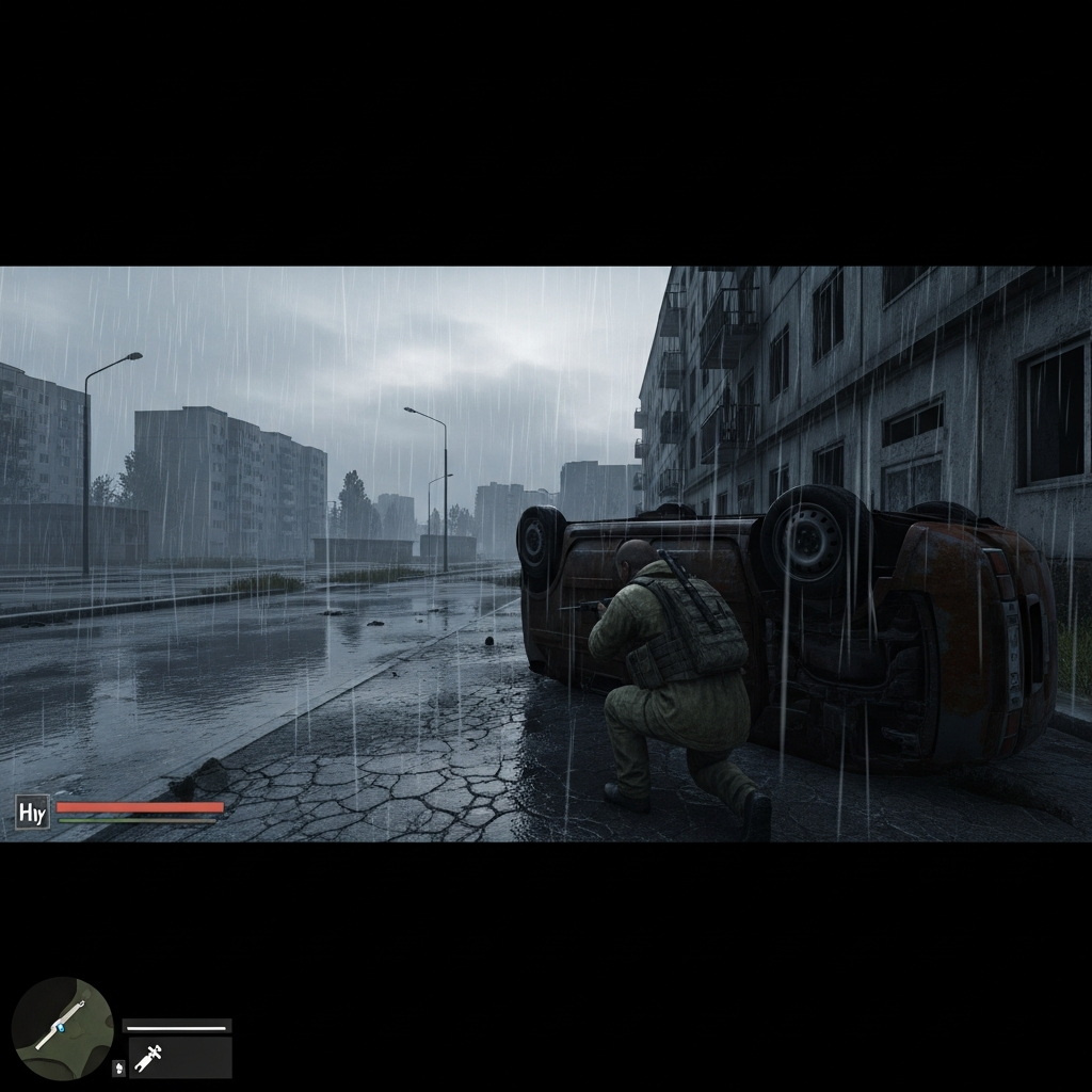 capture d'écran photoréaliste d'un serveur DayZ vanilla en jeu, affichant un survivant solitaire dans la ville de Cherno sous une pluie battante, interface HUD minimaliste visible, ambiance sombre et réaliste