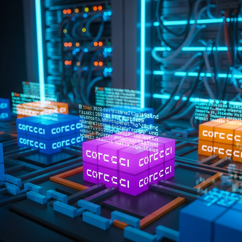 close-up cinematic view of glowing Minecraft Bedrock command blocks arranged in complex circuits, floating holographic command syntax text, high-tech server infrastructure in background with blue LED lighting, sharp focus on purple repeating command block