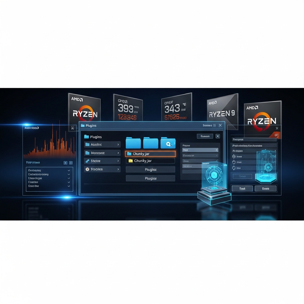 close-up photorealistic screenshot of a Minecraft game panel file manager interface showing the plugins folder with Chunky.jar highlighted, surrounded by futuristic UI elements and AMD Ryzen 9 performance graphs in the background