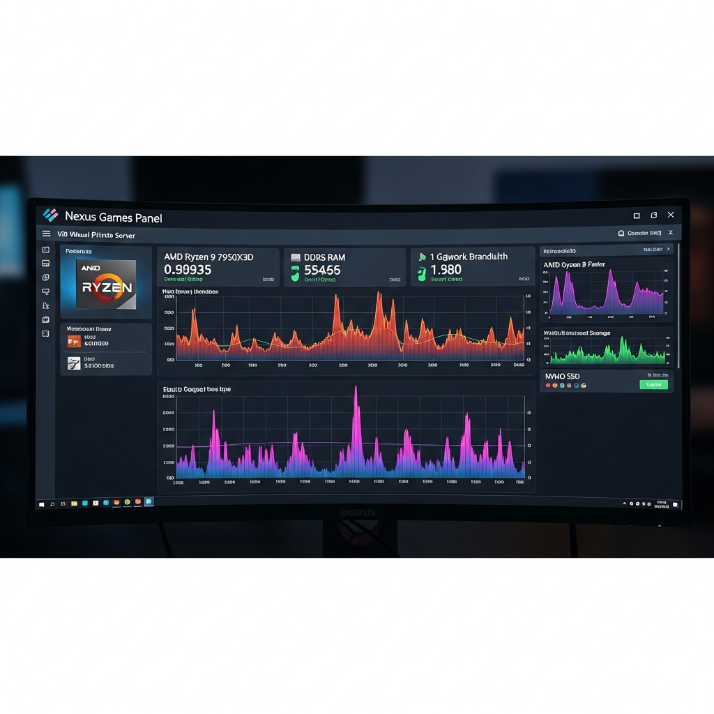 Écran de monitoring système photoréaliste affichant le Panel Nexus Games avec graphiques de performances en temps réel d'un VPS Linux, métriques CPU AMD Ryzen 9 7950X3D, utilisation RAM DDR5, bande passante réseau 1 Gbps et stockage NVMe SSD