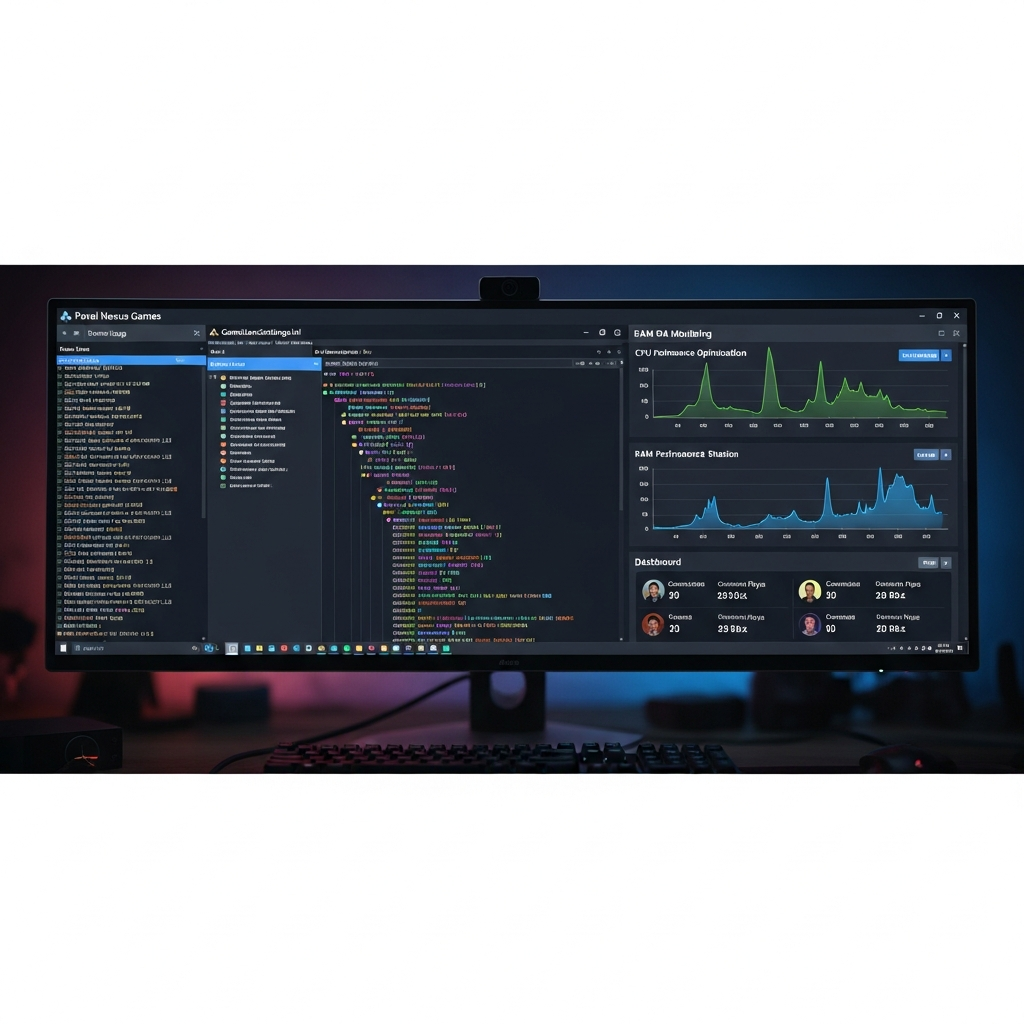 Écran professionnel affichant interface Panel Nexus Games avec fichier GameUserSettings.ini ouvert, lignes de code colorées en syntaxe highlighting, graphiques de monitoring CPU et RAM en temps réel montrant optimisation ARK Ascended, tableau de bord statistiques joueurs connectés, terminal Linux en arrière-plan avec logs serveur, éclairage tamisé bureau gamer, photoréaliste