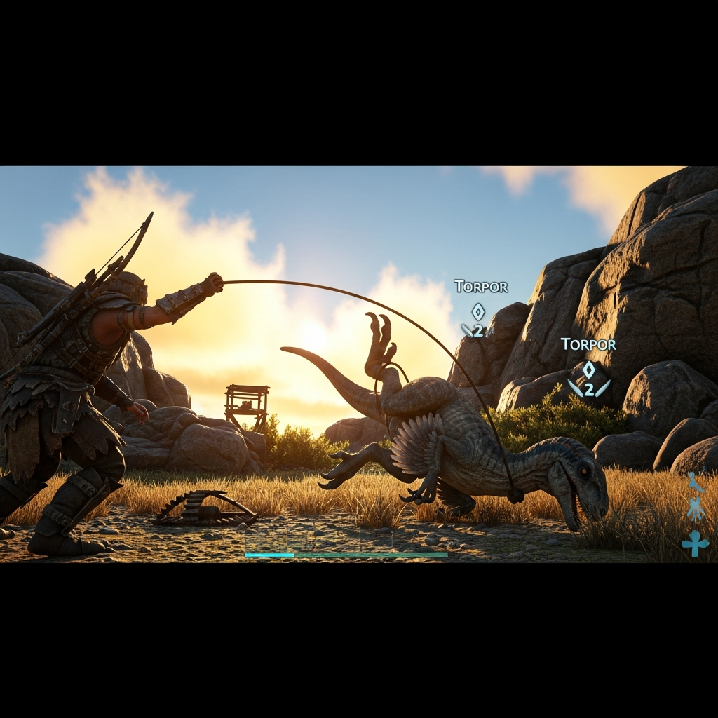 detailed photorealistic image of a player using a bola to immobilize a Raptor in ARK Survival Ascended, set in a rocky clearing at sunset, with a small wooden trap visible in the background and torpor UI elements floating above the Raptor's head