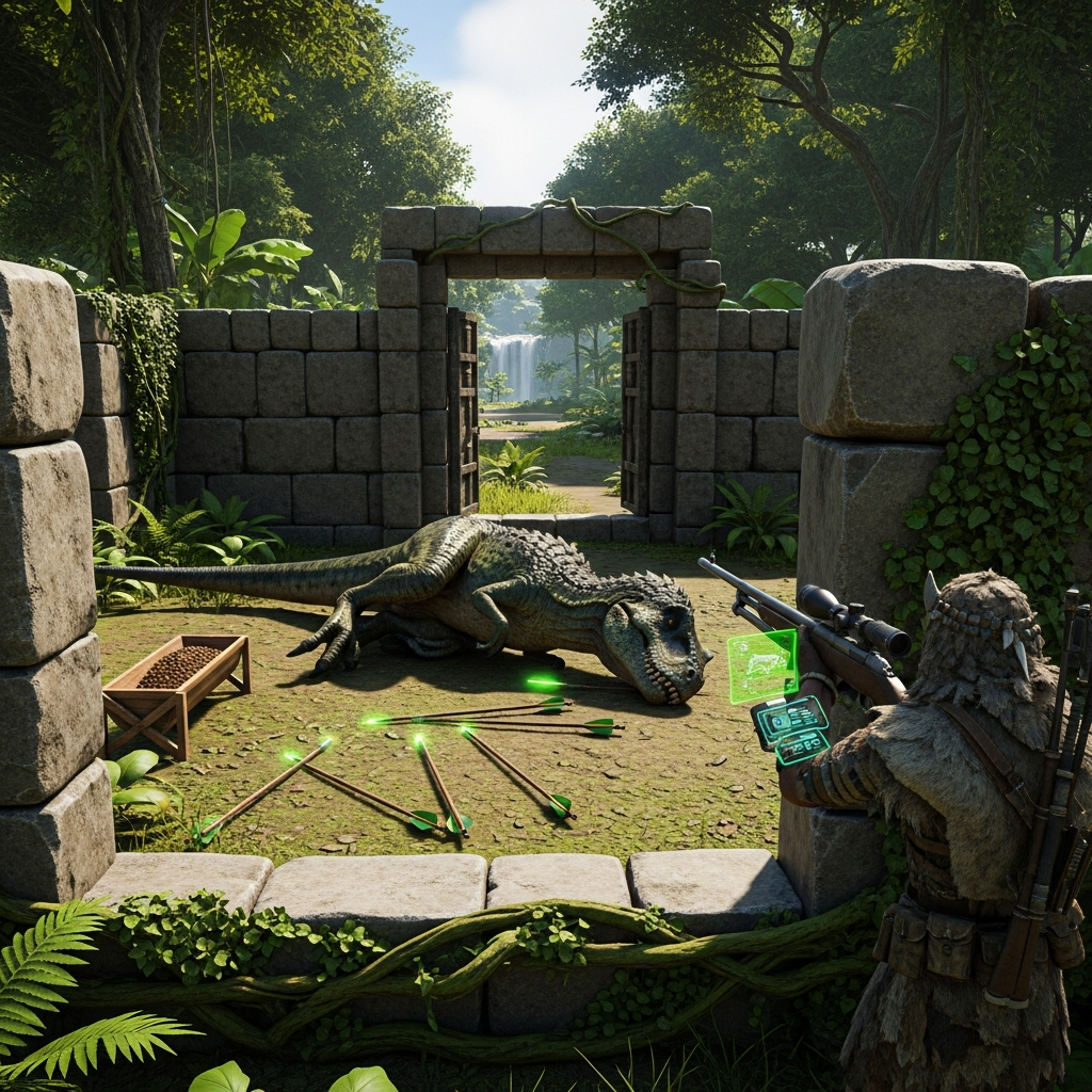 detailed photorealistic scene of a stone taming pen structure in ARK with dinosaur inside, tranquilizer arrows scattered on ground, feeding trough nearby, player character standing outside monitoring the taming progress, daylight jungle environment
