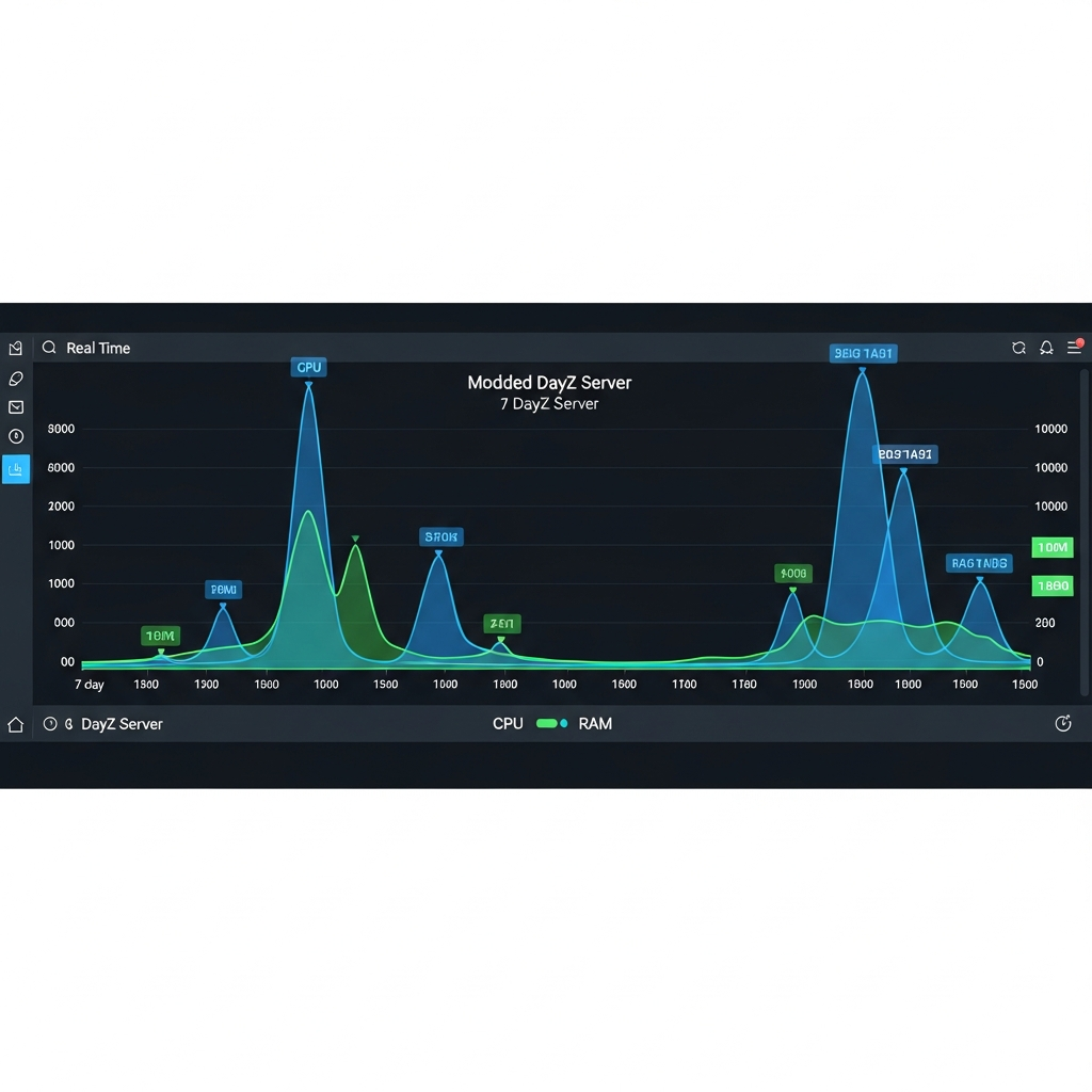 graphique de monitoring temps réel affichant courbes d'utilisation CPU et RAM d'un serveur DayZ moddé sur 7 jours, interface style Grafana avec pics d'activité annotés, couleurs professionnelles bleu et vert