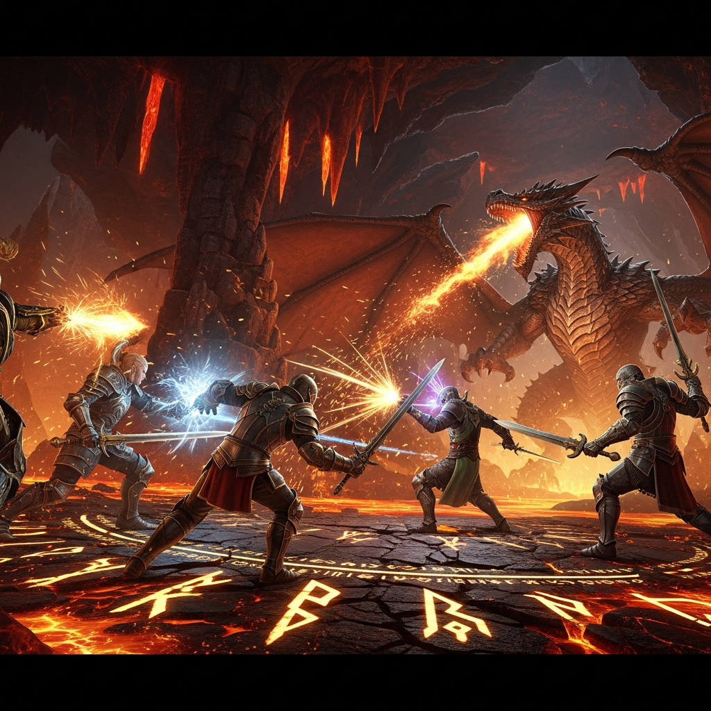 intense fantasy combat scene in Hytale featuring armored players wielding swords and magic spells battling a massive dragon boss in a volcanic cavern, dynamic particle effects, glowing runes, detailed character models, cinematic camera angle, photorealistic textures, 4K quality