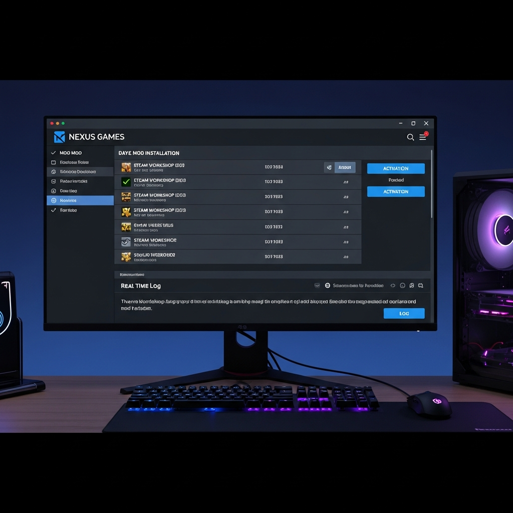 interface du panel Nexus Games affichant la section installation de mods DayZ, liste de mods cochés avec leurs IDs Steam Workshop, boutons d'activation et logs en temps réel, design moderne et ergonomique