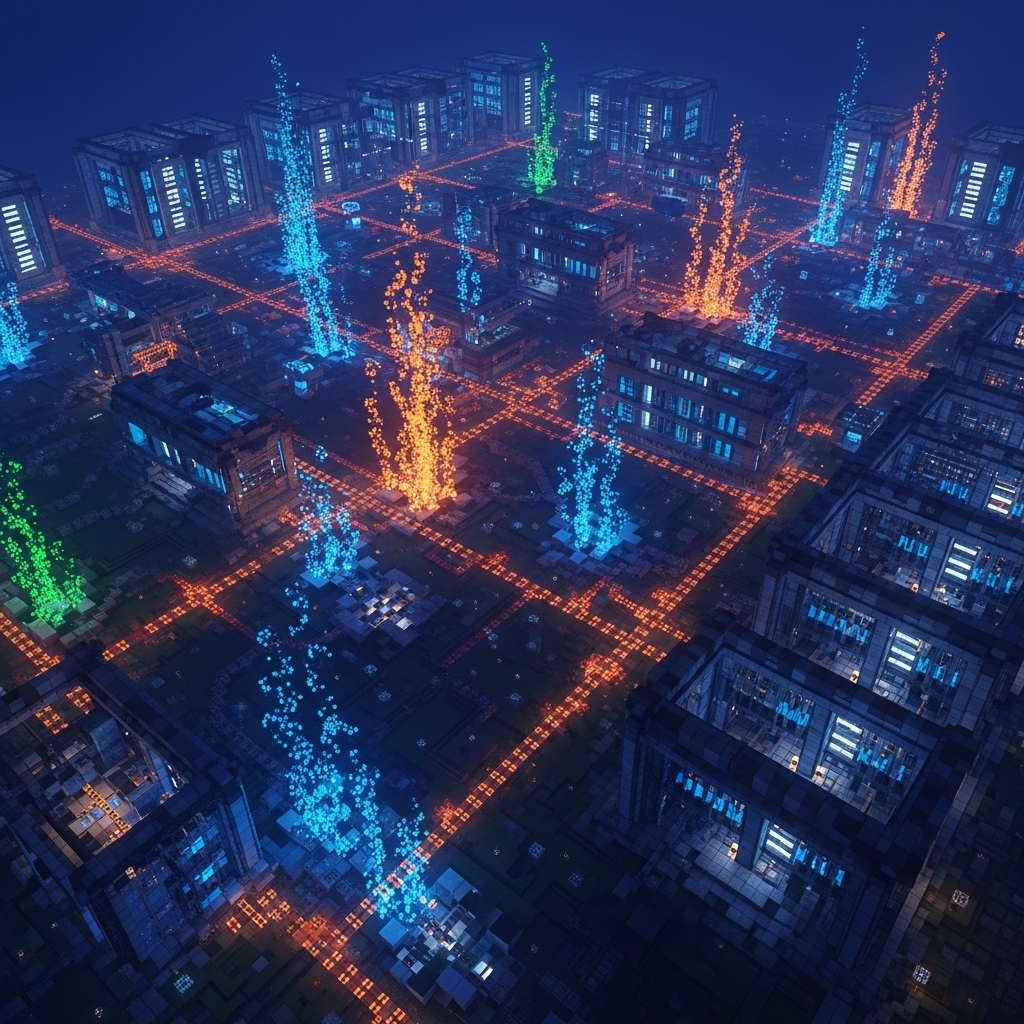 overhead view of a massive Minecraft Bedrock world with glowing command block circuits creating particle effects, intricate redstone pathways, futuristic server farm aesthetic, dramatic lighting with blue and orange tones