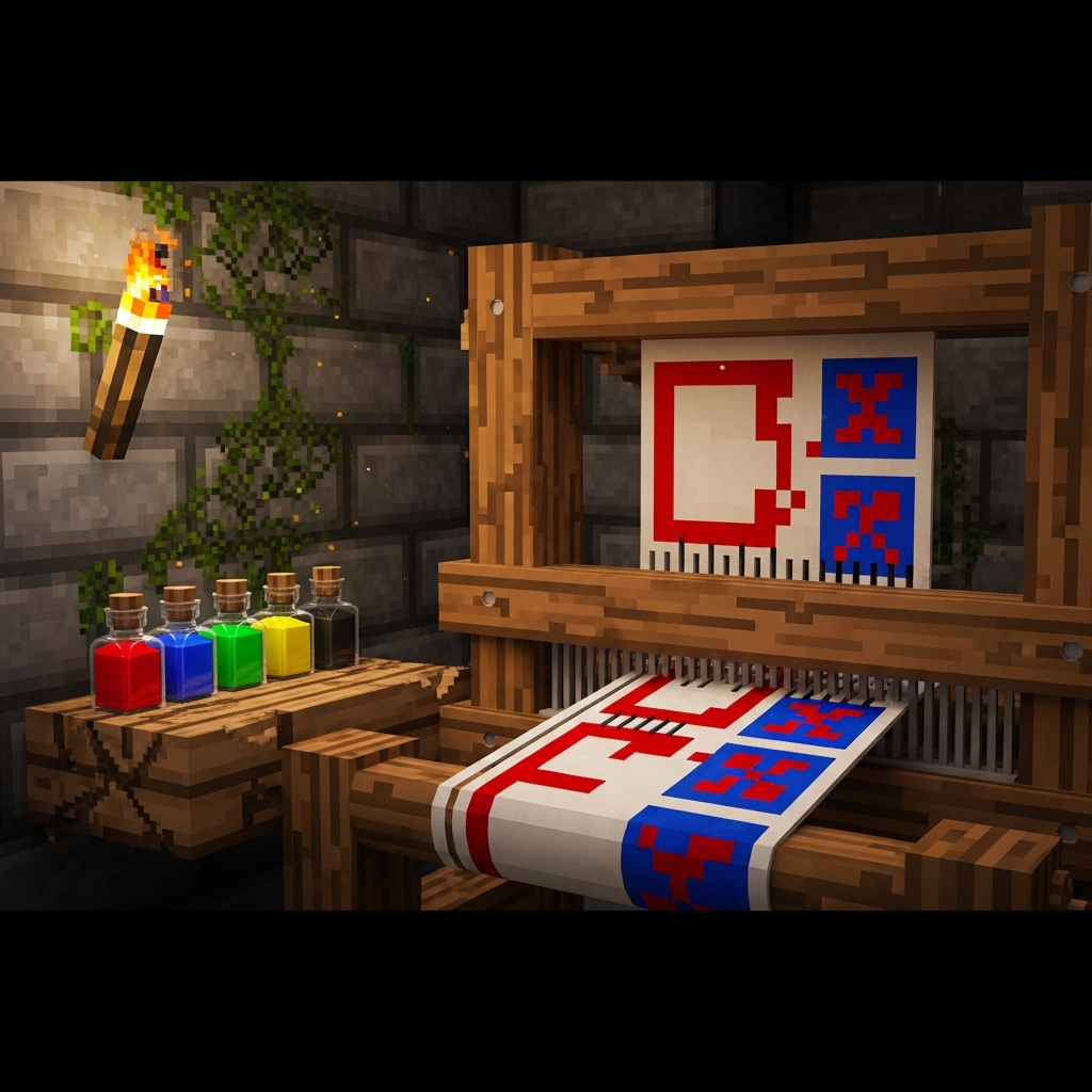 photorealistic Minecraft loom interface showing a white banner being dyed with red and blue patterns, loom wooden frame in focus, colorful dye bottles on a nearby shelf, torchlight casting warm shadows on stone brick walls